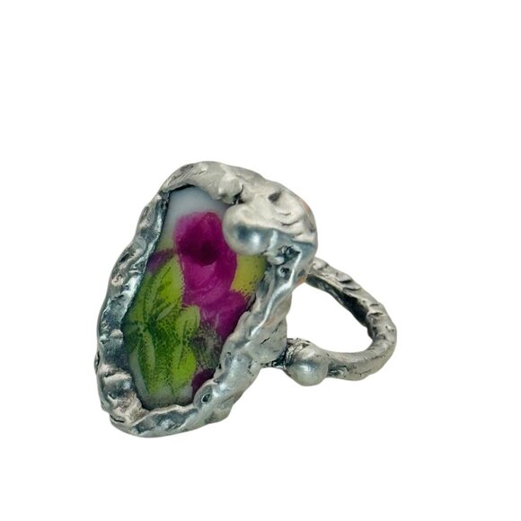 Antique Rose Ring Made From Fine Bone Broken China Encased in Silver Blend Metal - Picture 12 of 15